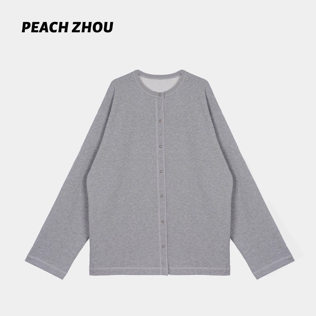 『PEACHZHOU』简约毛圈隐形五爪暗扣宽松圆领外套休闲百搭卫衣开衫