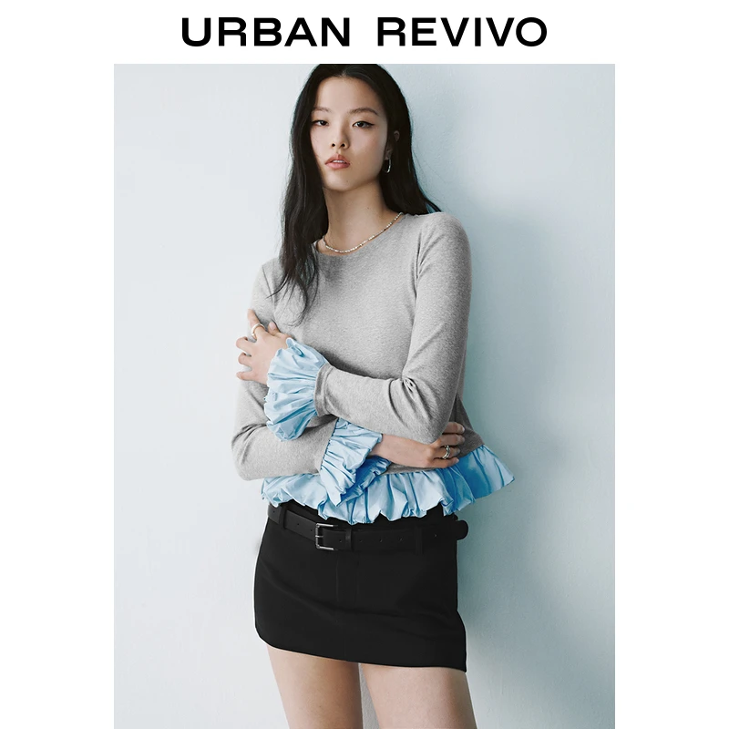 UR2025春季新品女装欧若风轻芭蕾风拼接花苞袖长袖T恤UYU450013
