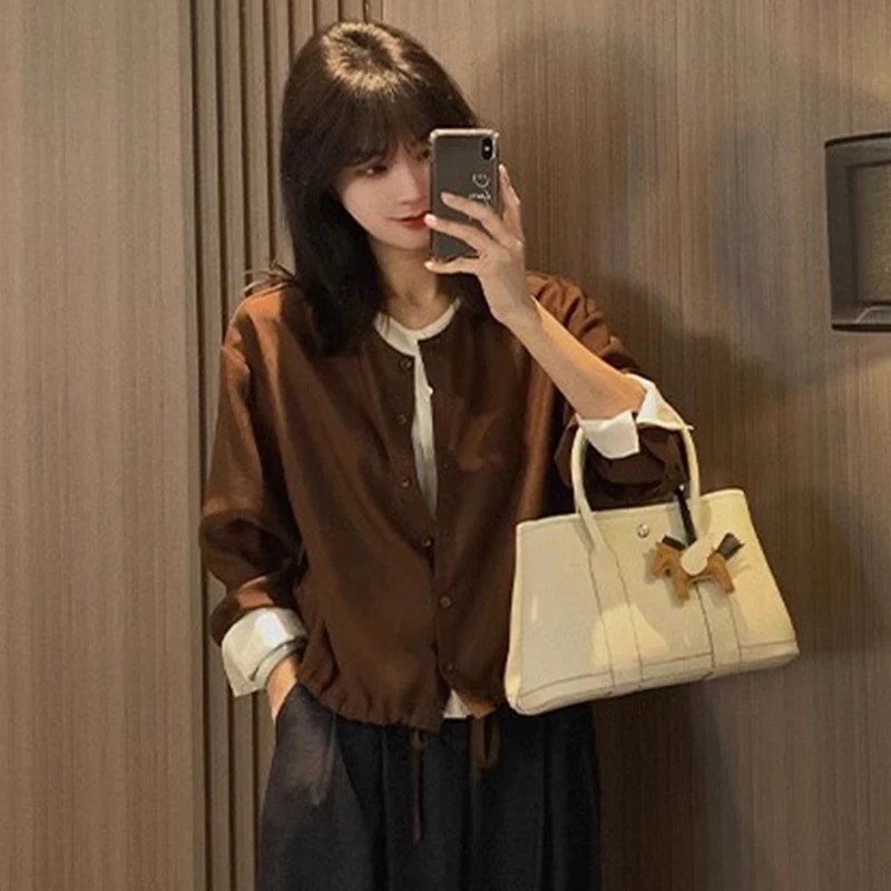 网红爆款拼接撞色假两件圆领开衫上衣春季气质减龄抽绳休闲衬衫女