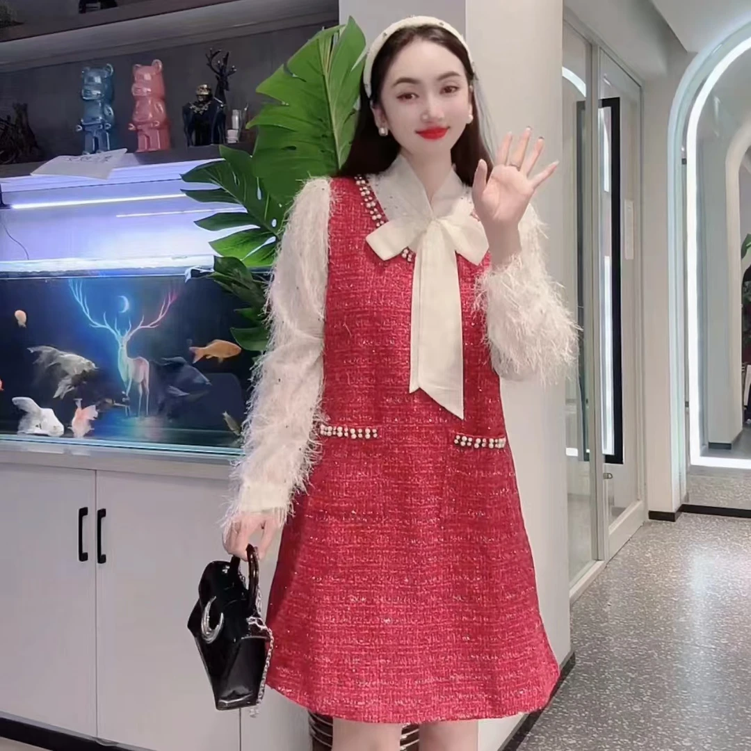 2024冬新年战袍气质千金名媛显瘦红色裙子8122