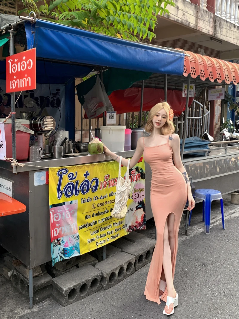 夏季新款纯欲性感紧身显瘦吊带包臀前开叉鱼尾连衣裙卡戴珊长裙女