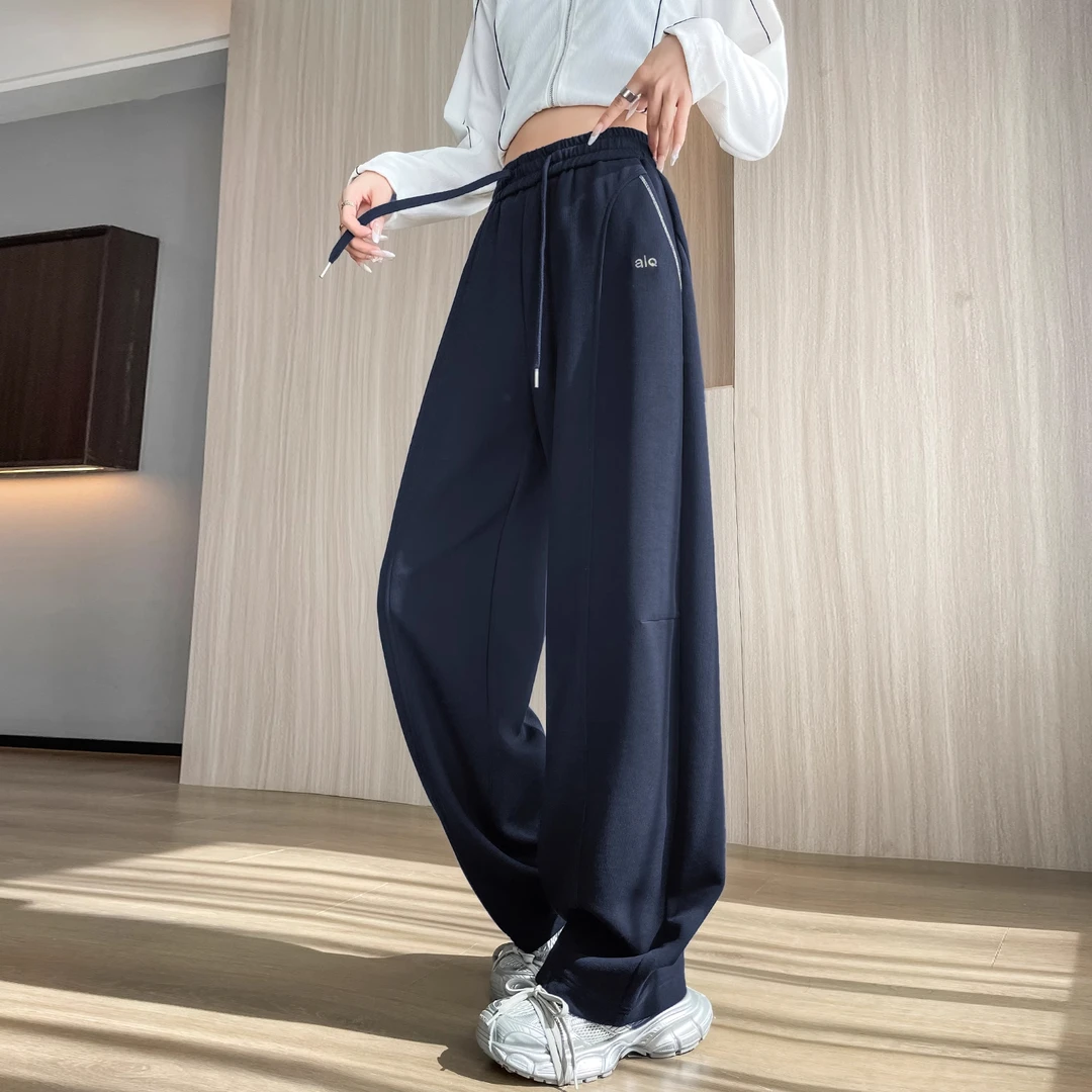 藏蓝色窄版运动阔腿裤女春秋季爆款2025新款高腰垂感显瘦弯刀裤子