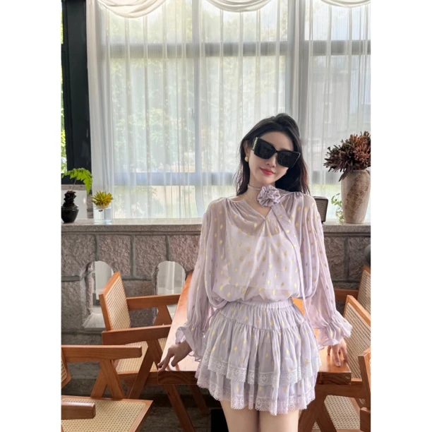 【浪漫珍妮丝】紫色长袖碎花上衣半身裙短裙超仙森系套装女