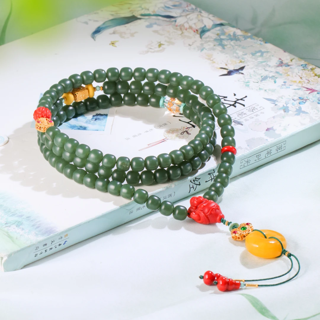 宝相生花/18K金沙枣青108串