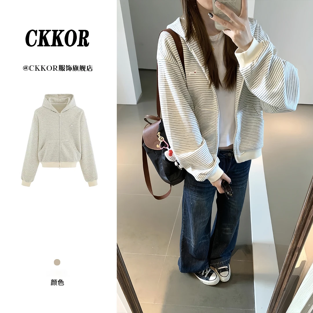 CKKOR刺绣条纹拉链短款外套女秋冬新款韩版时尚百搭开衫连帽卫衣