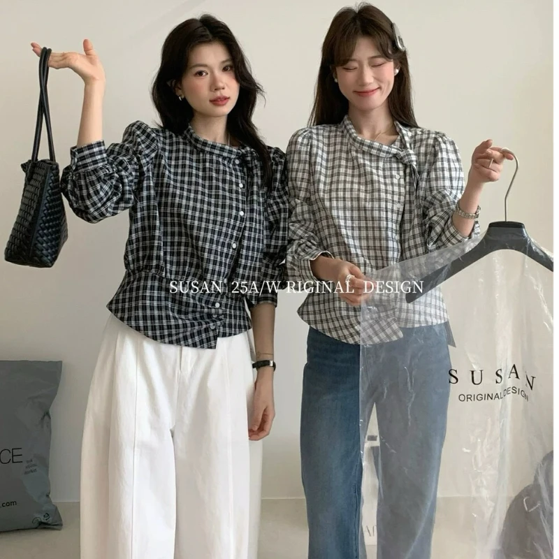 韩版不规则飘带立领长袖格子衬衫女春2026洋气时尚减龄单排扣上衣
