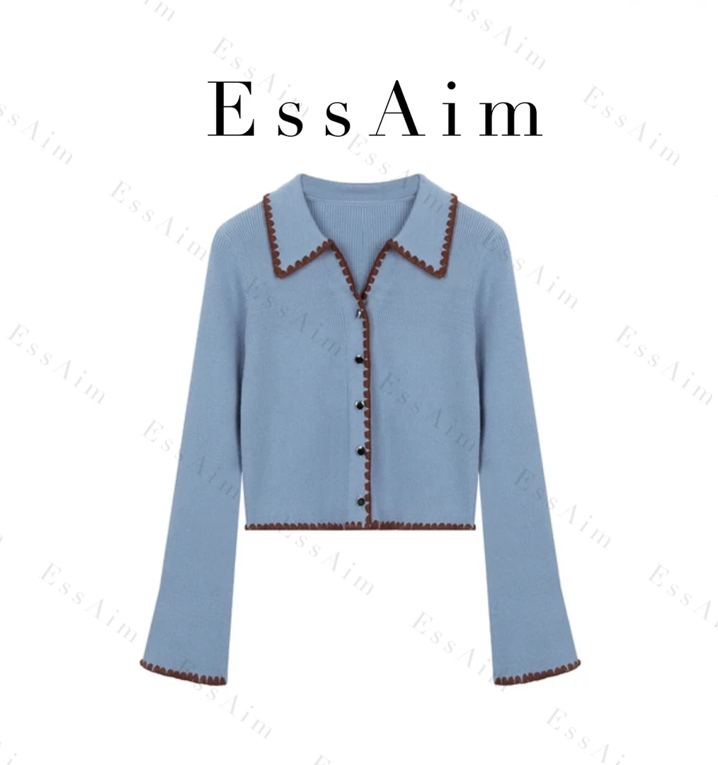 EssAim-0025 针织衫木耳边短款针织开衫毛针织衫女装秋冬长袖