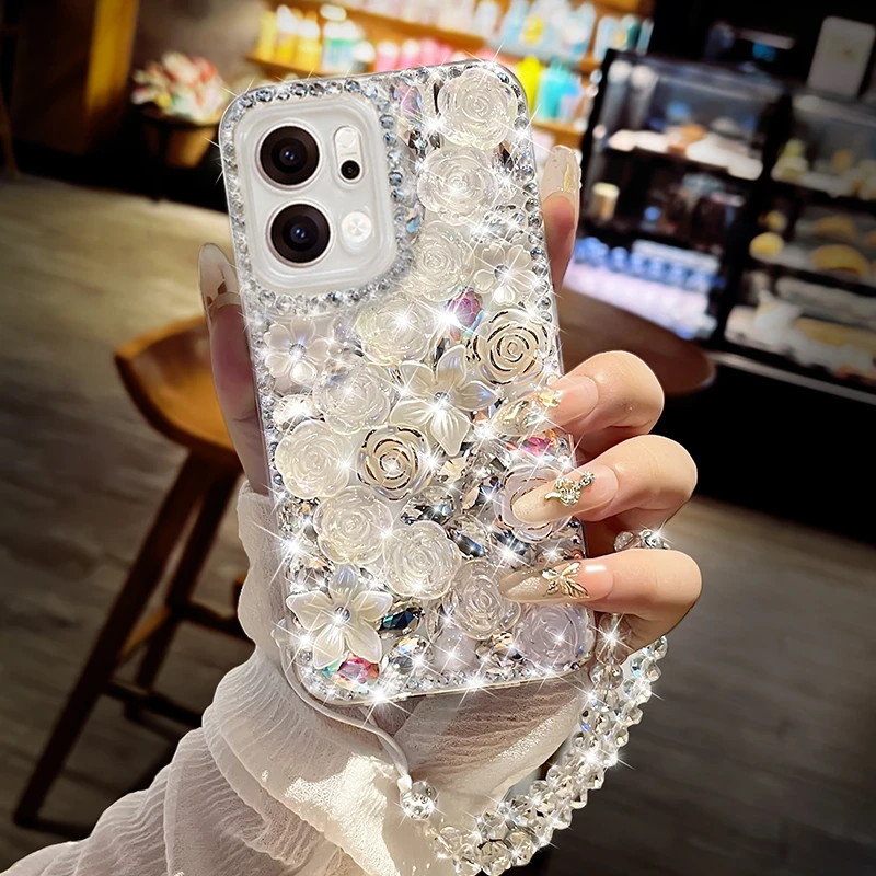 适用闪钻opporeno14全包5满钻13lutra防摔10pro+花朵手机壳苹果13