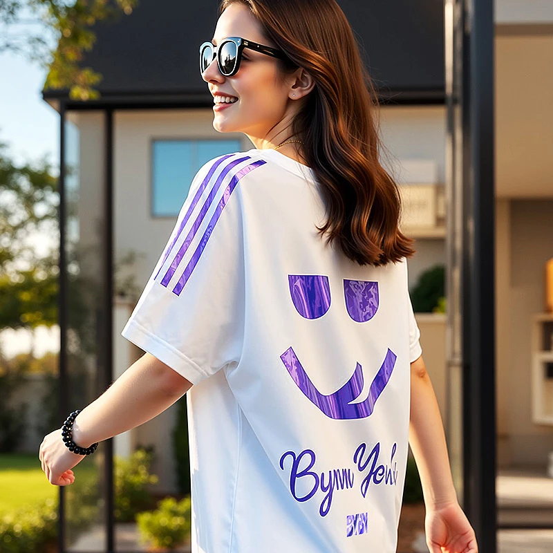 BY潮牌闪耀笑脸圆领短袖男T恤/男女同款纯棉新款潮流爆款宽松上衣