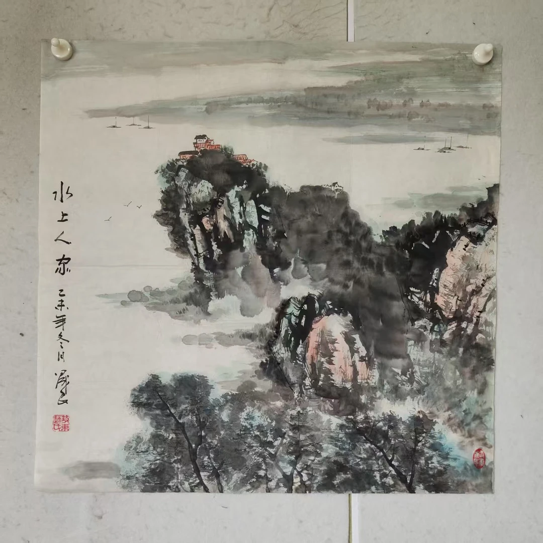 4673 多年前纯手绘老字画《水上人家》斗方  尺寸 68×68