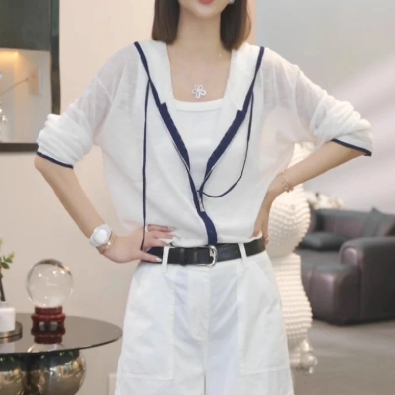 宽松显瘦拼接设计感连帽上衣百搭休闲针织长袖修身防晒衫薄外套女