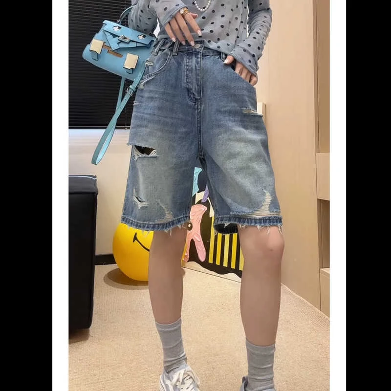 美式炸街破洞阔腿牛仔短裤2025夏新款今年流行爆款高腰网红牛仔裤