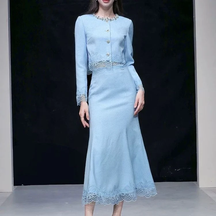 2025秋新款小香气质名媛钻条圆领蕾丝拼接外套+高腰鱼尾半裙套装