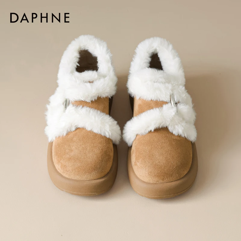 达芙妮2025新款雪地靴复古休闲风纯色保暖女款棉鞋短靴秋冬季韩版