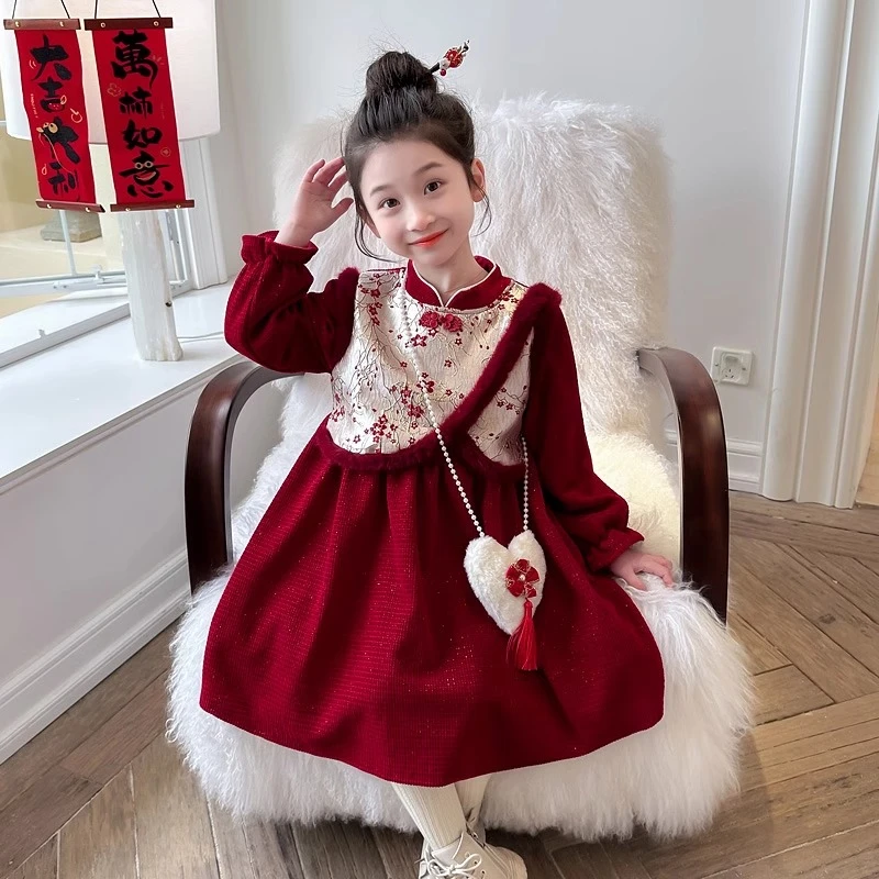 女童冬季新款裙子中国风加绒加厚儿童新年拜年服连衣裙宝宝过年穿