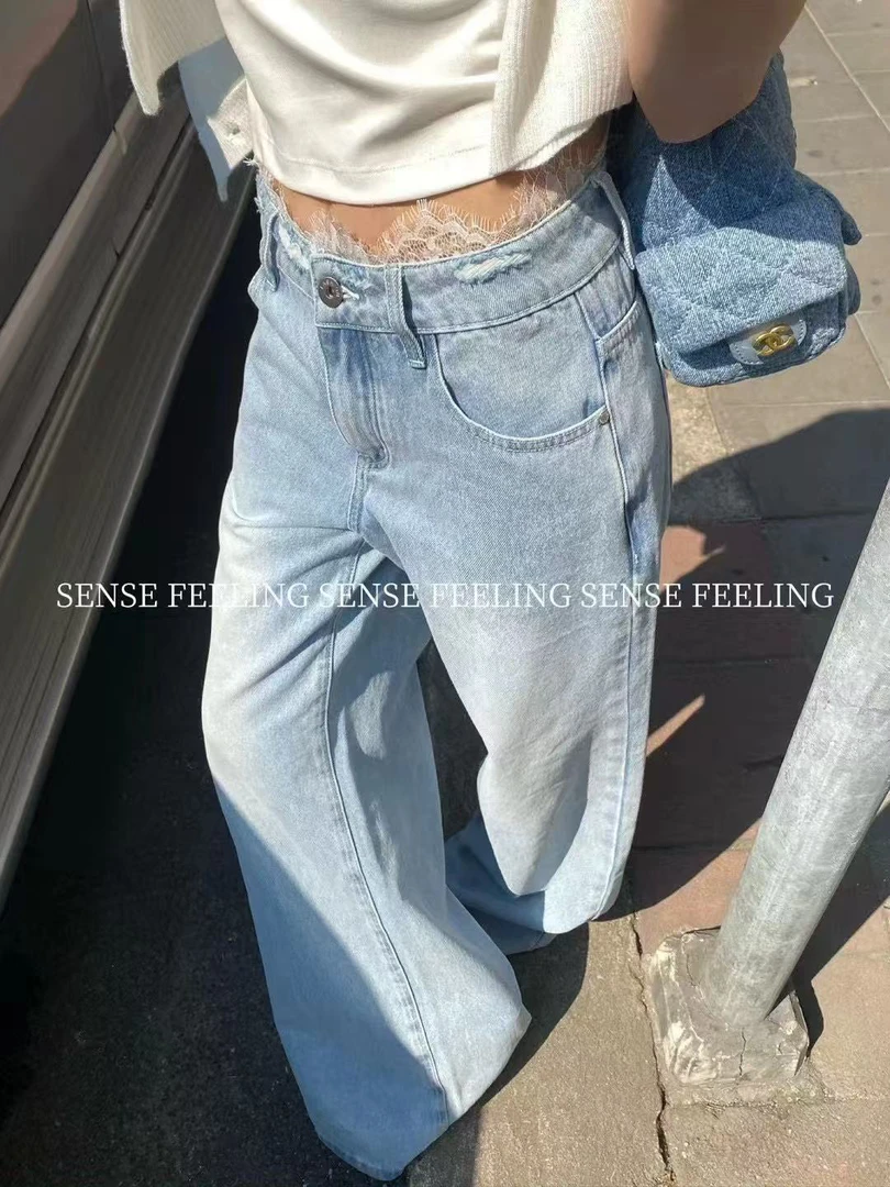 SENSE新款 腰部拼接蕾丝浅蓝色牛仔裤