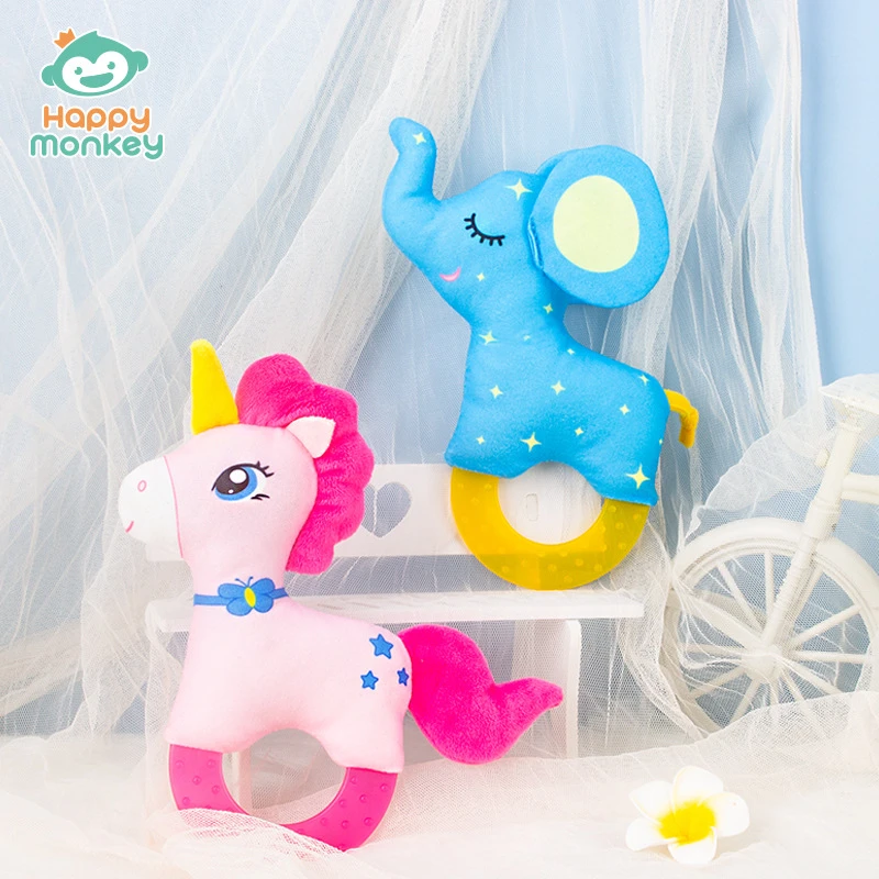 Happy monkey婴儿可啃咬摇铃可啃咬安抚玩具0-6月抓握训练