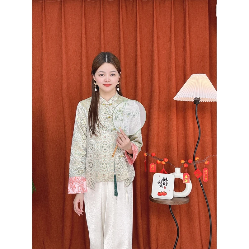 【花落】开襟长袖刺绣立领斜口上衣新中式女装