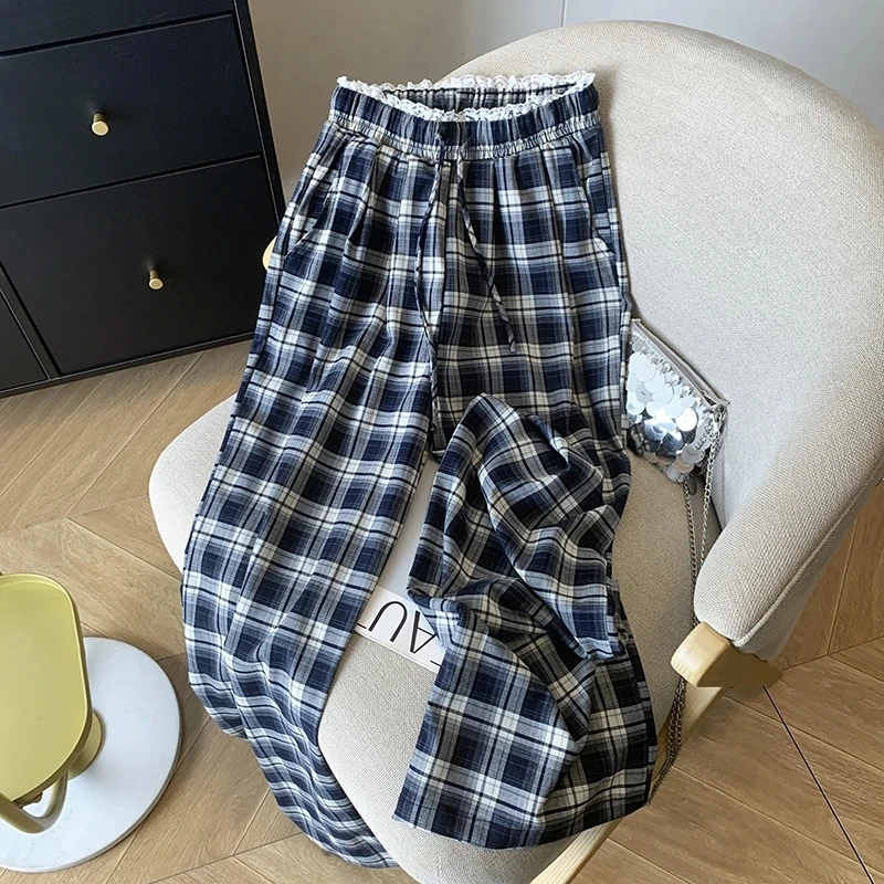 2025春夏新款格子阔腿裤女休闲直筒长裤高腰韩版蕾丝边高腰遛弯裤