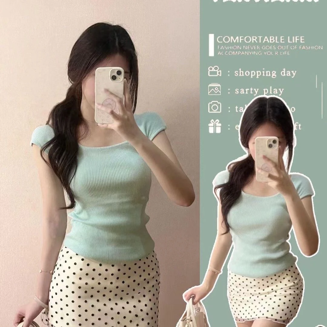 法式修身套装女夏季新款休闲风短袖针织T恤气质波点半身裙两件套