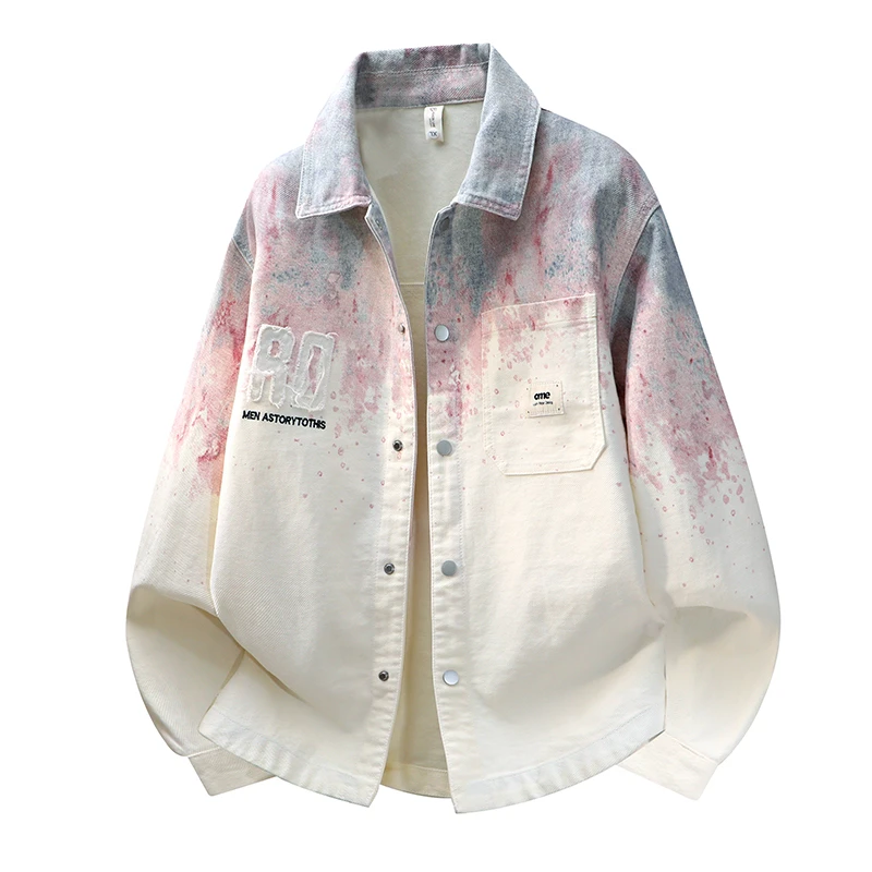 春秋季青少年渐变色牛仔外套男生港风潮牌长袖衬衣初中生痞帅外套