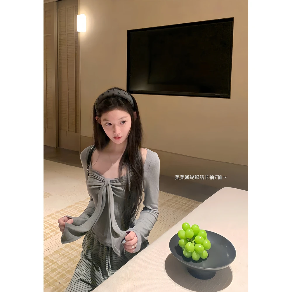 纯欲T恤韩系蝴蝶结长袖修身上衣22680#