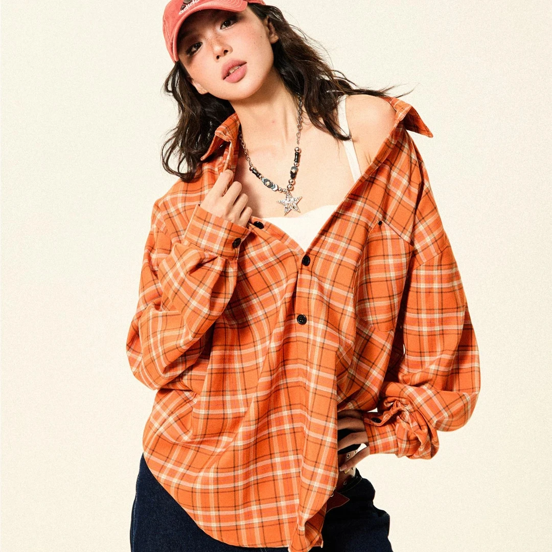 复古早秋新款橘色格子长袖衬衫男女外穿通勤气质百搭外穿衬衣外套