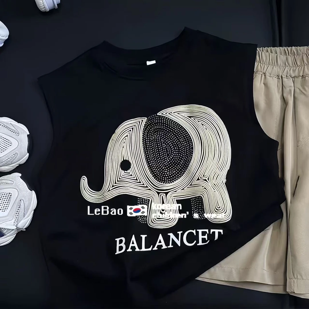 儿童纯棉黑色背心2025年新款男童无袖T恤韩版宝宝上衣时尚百搭