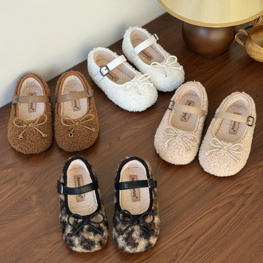 <暖感公主>  女童毛毛公主鞋冬季女宝韩版蝴蝶结豹纹保暖加绒单鞋