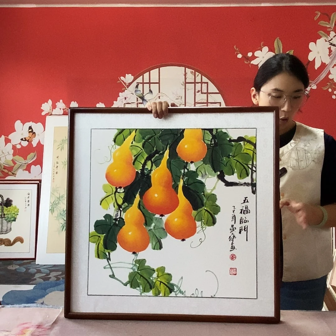 国画手写手绘国画作品带框包邮62✖️62