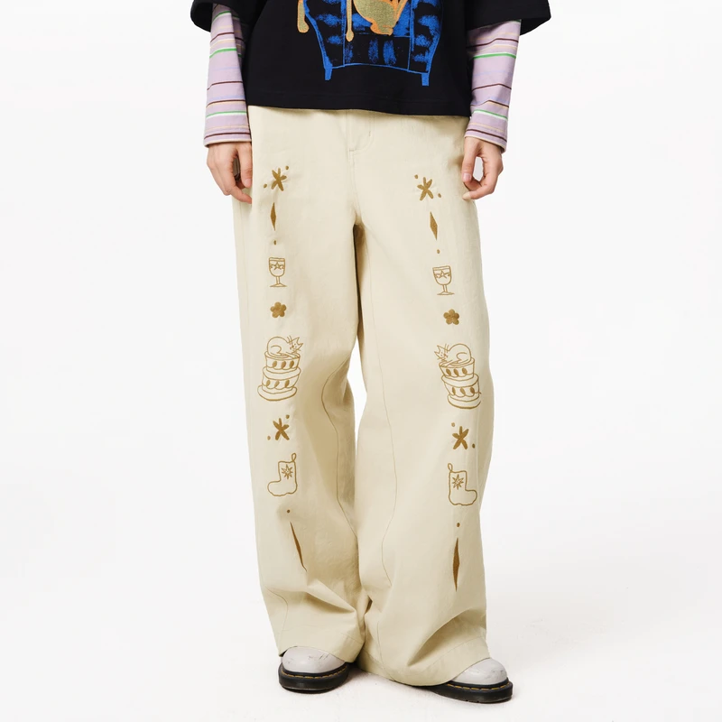 MOVEUP幻走2025秋季新款.FUN 松紧绣花复古休闲直筒裤女3EWQ20197