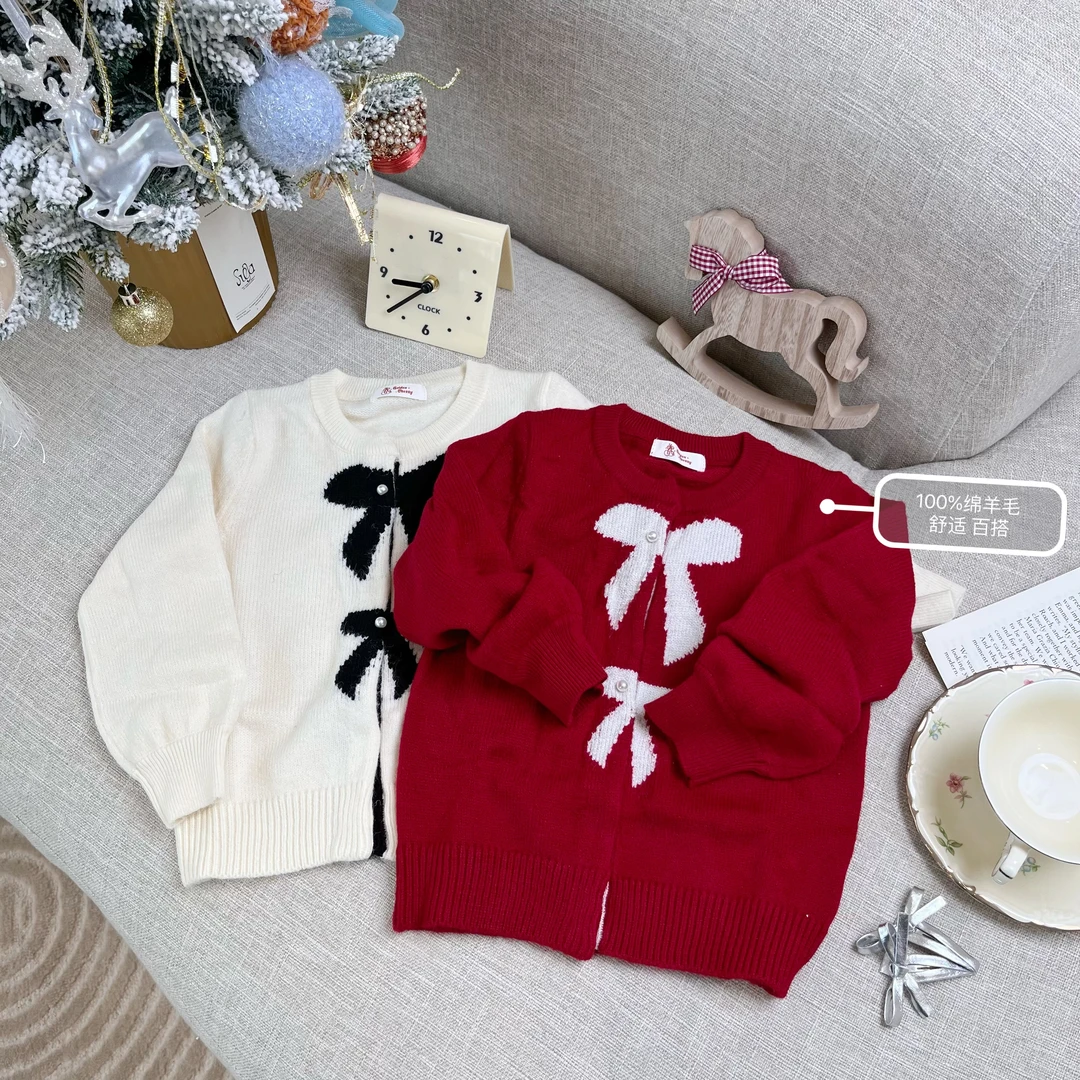 【019】女童红色圆领双蝴蝶结珍珠扣洋气百搭针织开衫019