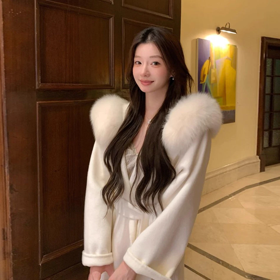 2025秋冬时尚中长款大毛领双面绒毛呢外套女氛围感小个子呢子大衣