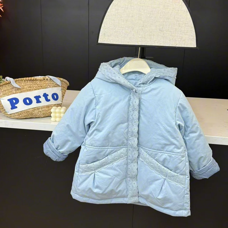 现货leomama【蓝色涟漪】女童夹棉棉服冬季款儿童时尚花边保暖棉衣
