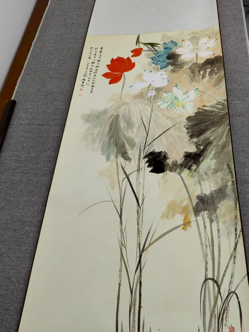 《五色荷花》145CM*50CM卷轴挂画