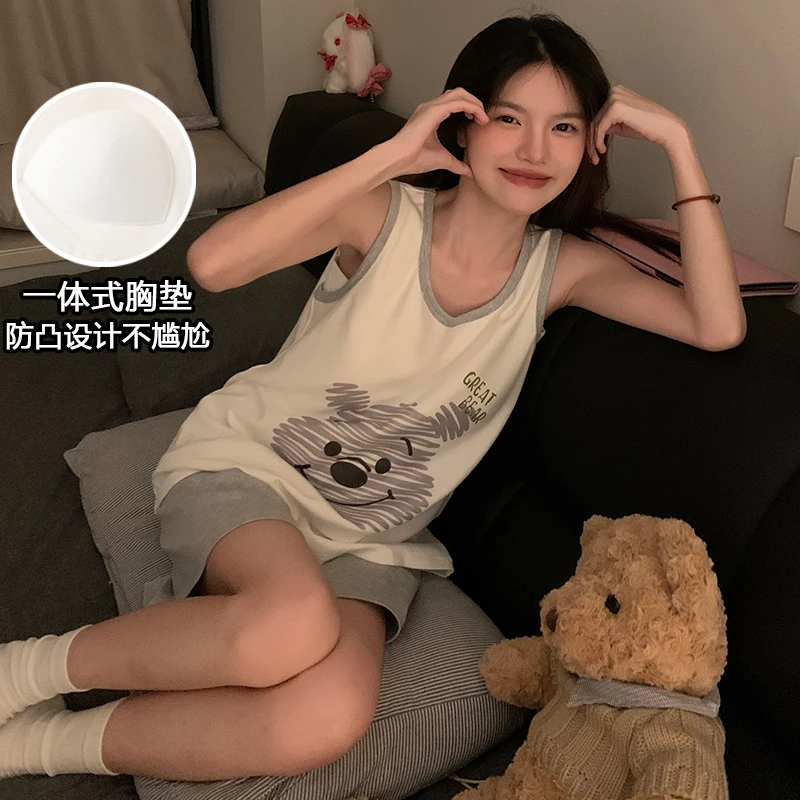 背心睡衣女夏季无袖休闲可爱女士学生夏天甜美高级感家居服宽松