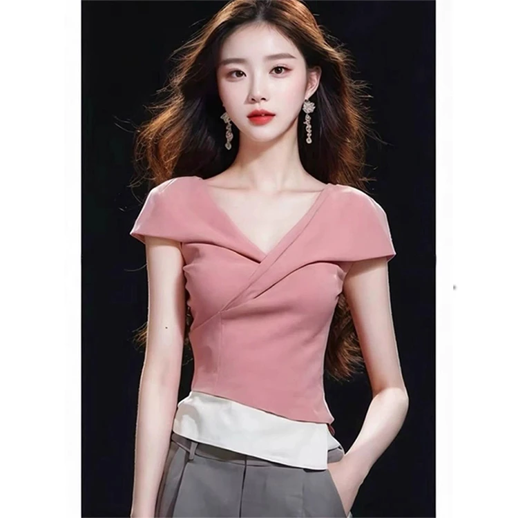 粉色假两件短袖t恤女2025夏季新款洋气独特别致冷淡系高级感上衣