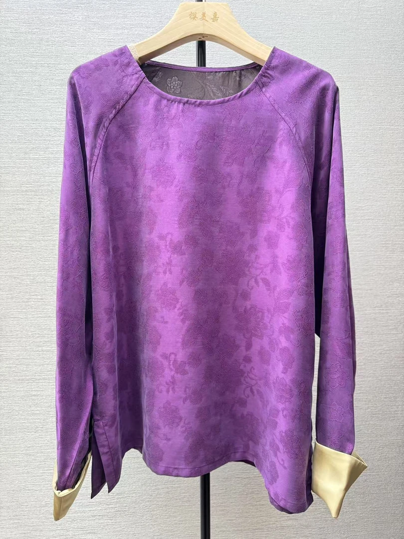 《DY2095》樱美嘉桑蚕丝香云纱圆领T恤新中式百搭时尚打底外穿上衣