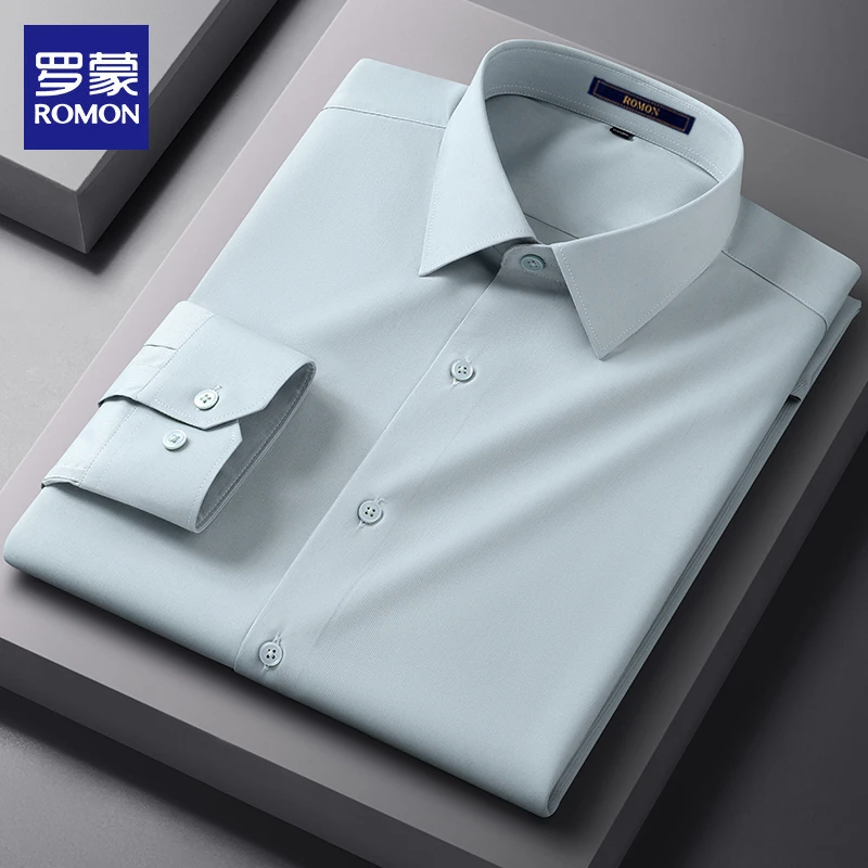 【含桑蚕丝+莫代尔】罗蒙白衬衫长袖男士商务休闲上班抗皱蓝衬衣