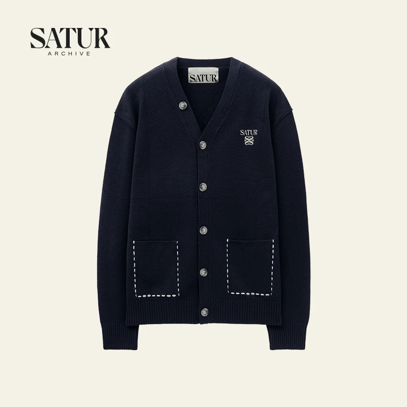 SATUR ARCHIVE 秋季新品基础刺绣撞色V领休闲开衫针织开衫