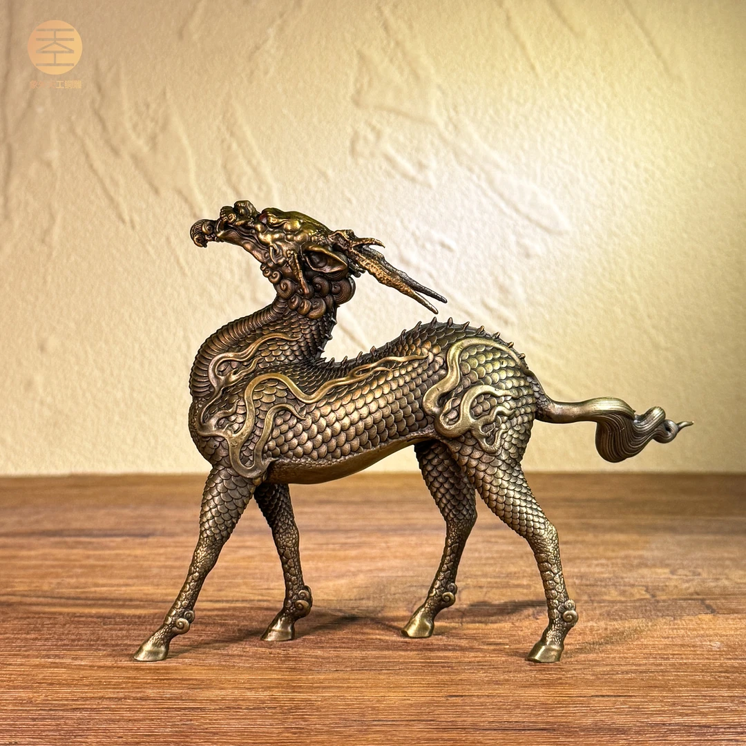 象外天工火麒麟全铜雕塑摆件瑞兽麒麟茶道中古手工艺铸造原创铜雕