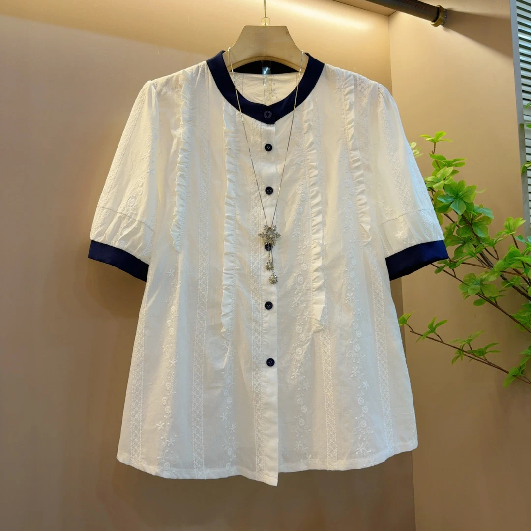 2025夏季新款时尚百搭气质刺绣褶皱拼接圆领短袖开衫（长58左右）
