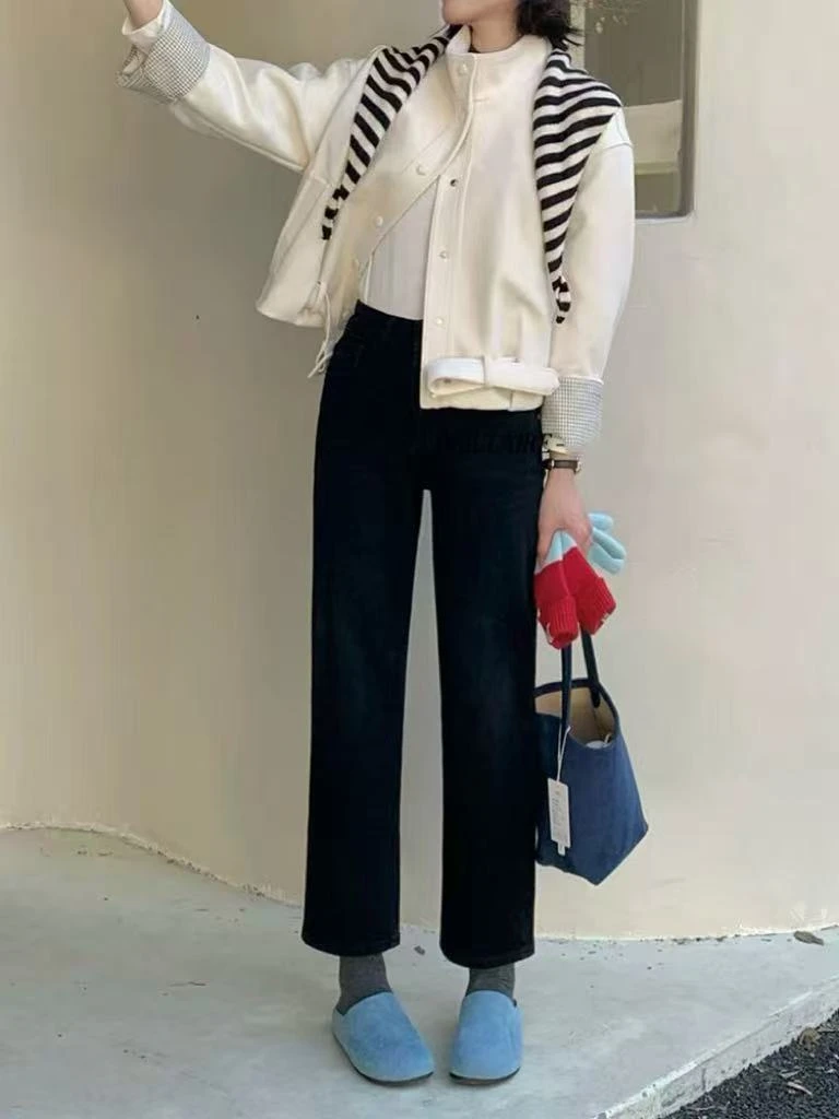 SU【859】代A9 本本   牛仔裤女冬季新款四面弹特绒黑色九分法棍裤