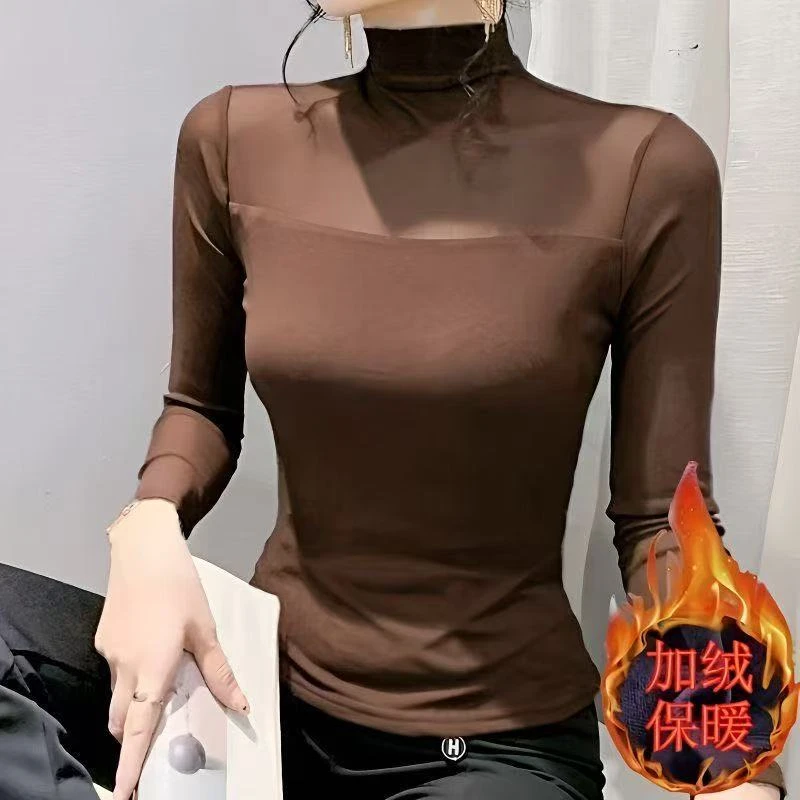 NANA女半高领百搭打底衫内搭新款上衣t 恤气质洋气网纱长袖内搭