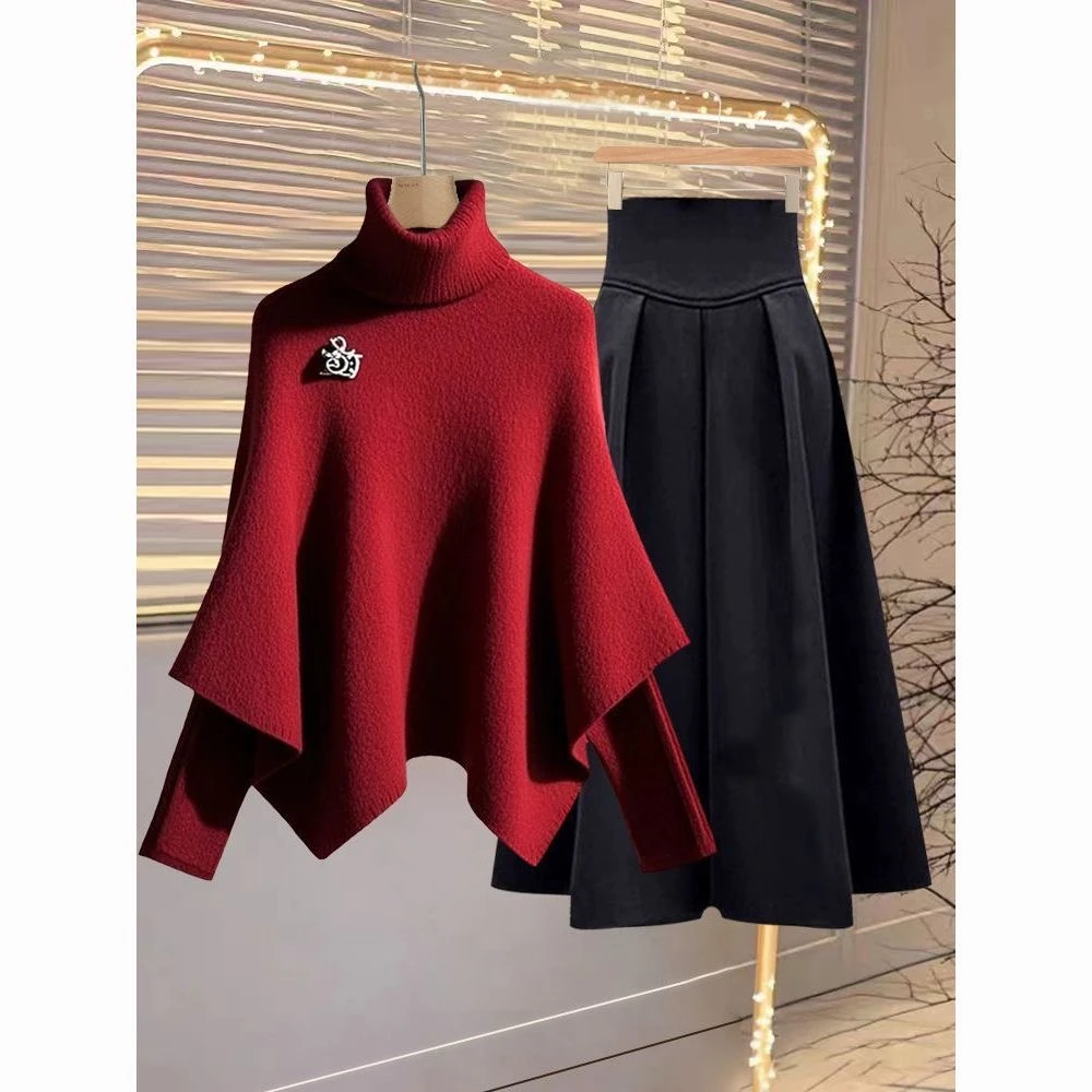套装女装爆款2025新款秋冬季跨年新年斗篷毛衣时尚半身裙两件套