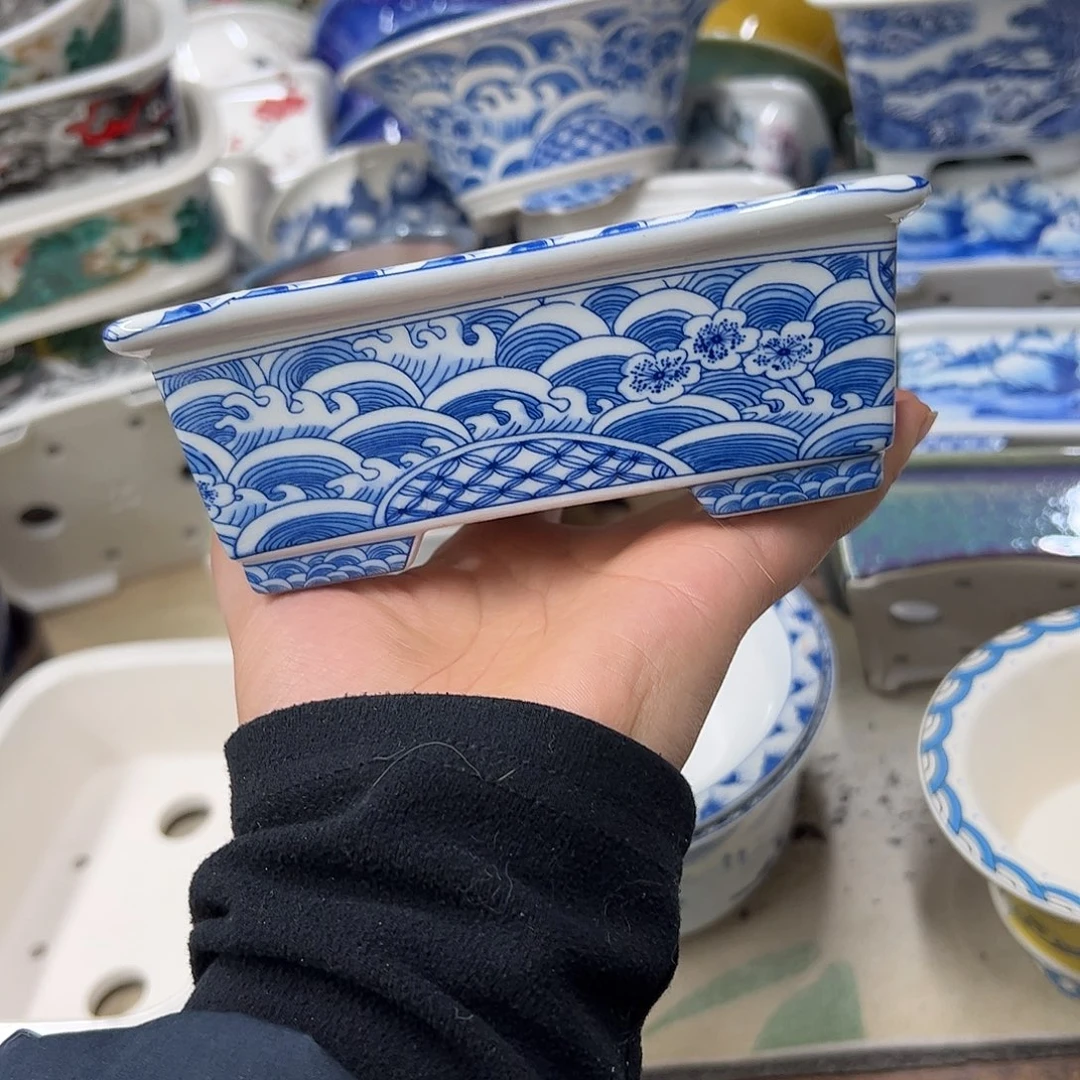 花盆紫砂606号瑕疵15/12/5cm仿手绘海浪花纹