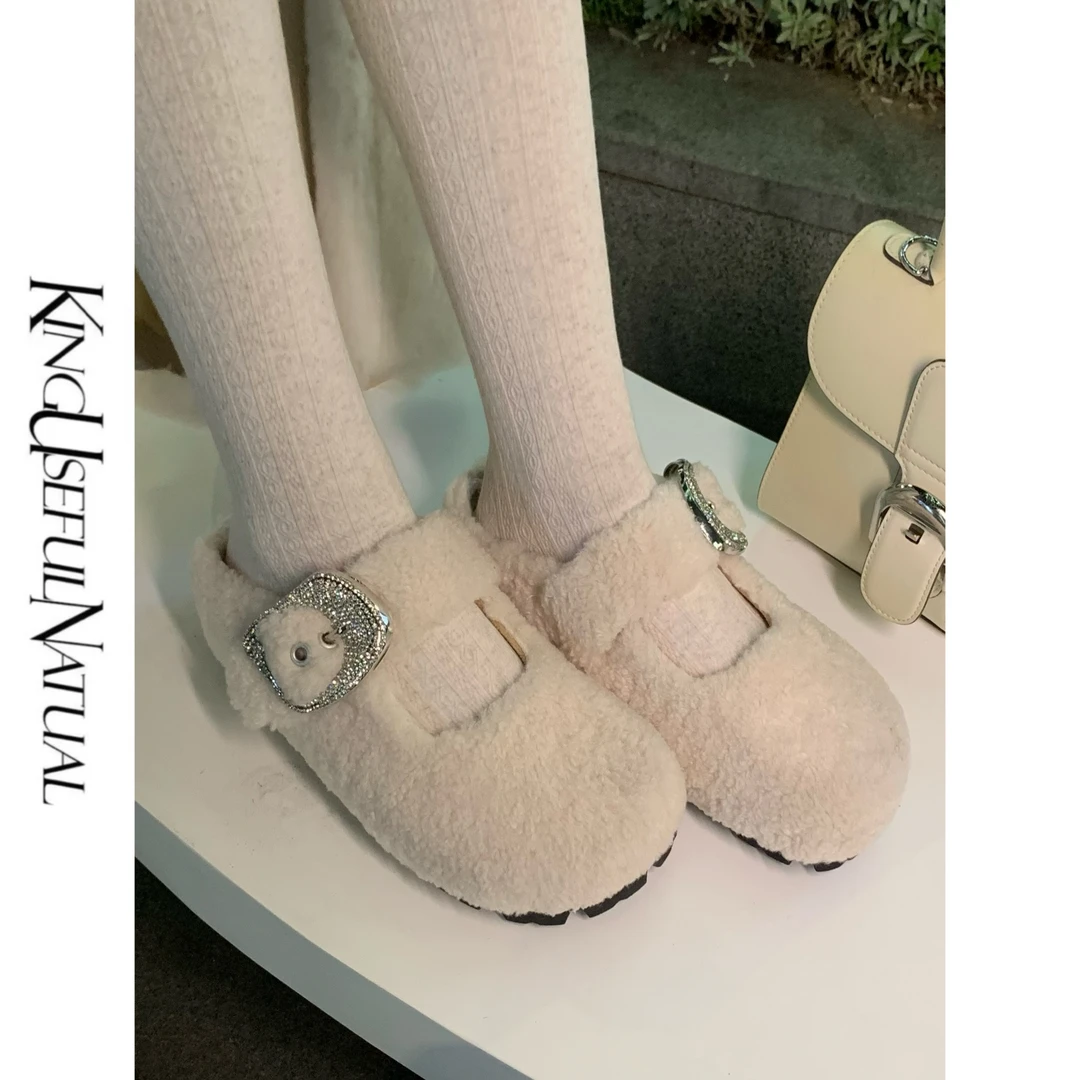 KUN【时髦AC】保暖轻巧 包头毛毛拖鞋女冬季新款百搭奶油白羊毛拖