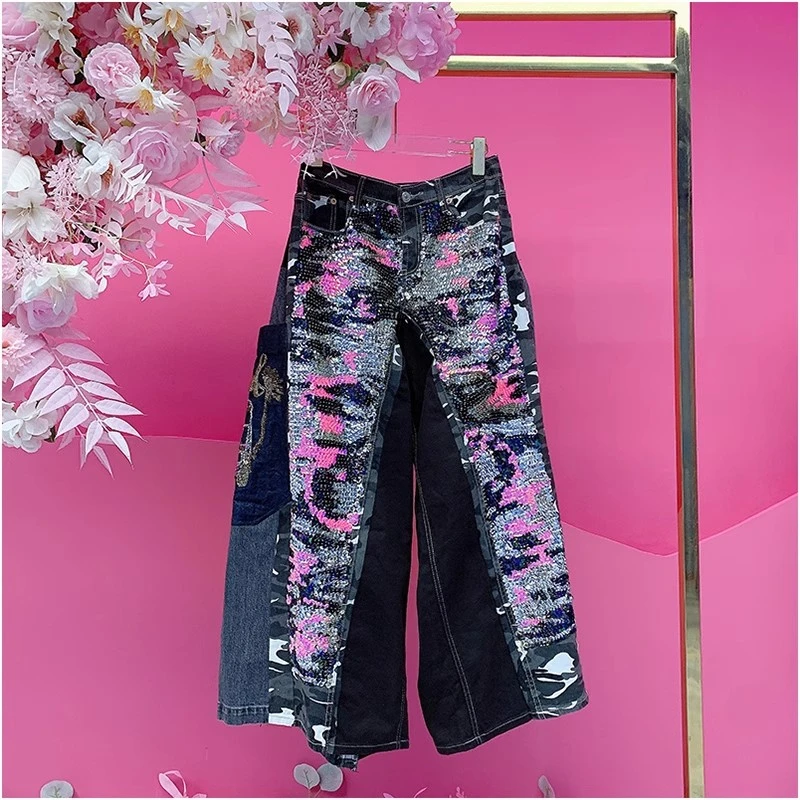 X22198泰国潮牌设计师2025春夏新款重工刺绣亮片迷彩阔腿牛仔裤女