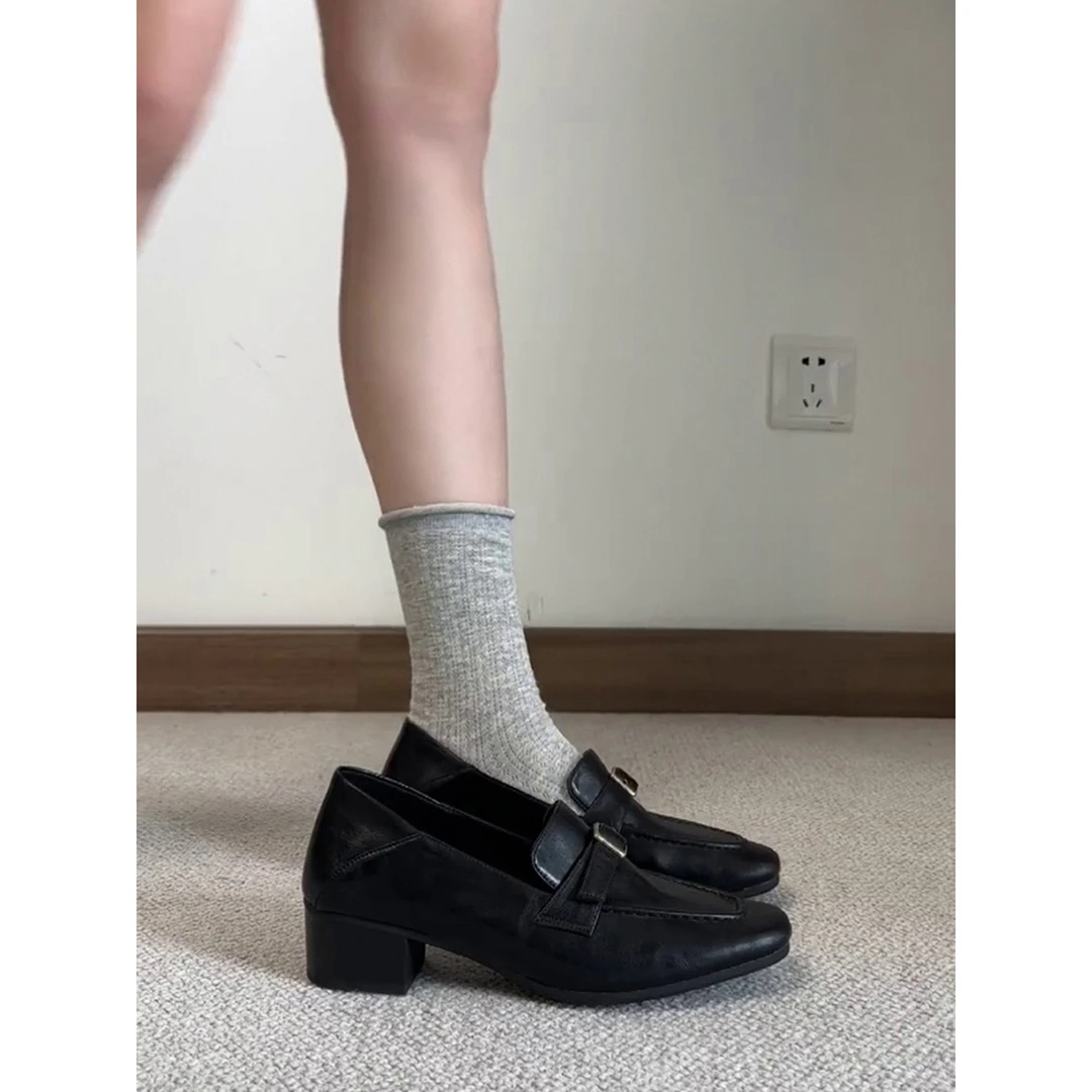 羊皮版~方头乐福鞋女2026春季新款通勤粗跟单鞋百搭英伦风小皮鞋