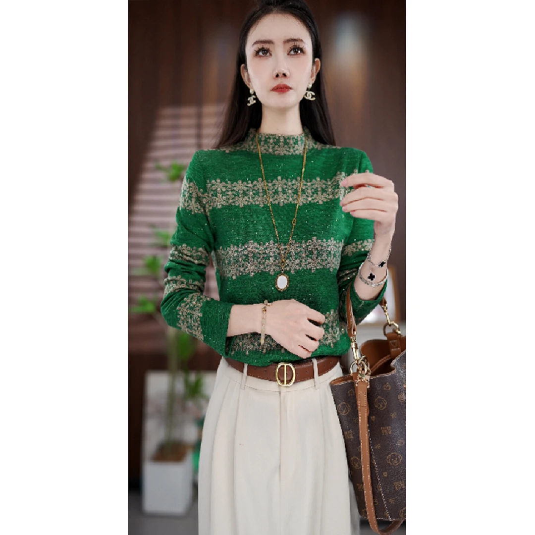 绿色半高领德绒打底衫女长袖t恤春秋冬新款妈妈加绒内搭洋气上衣